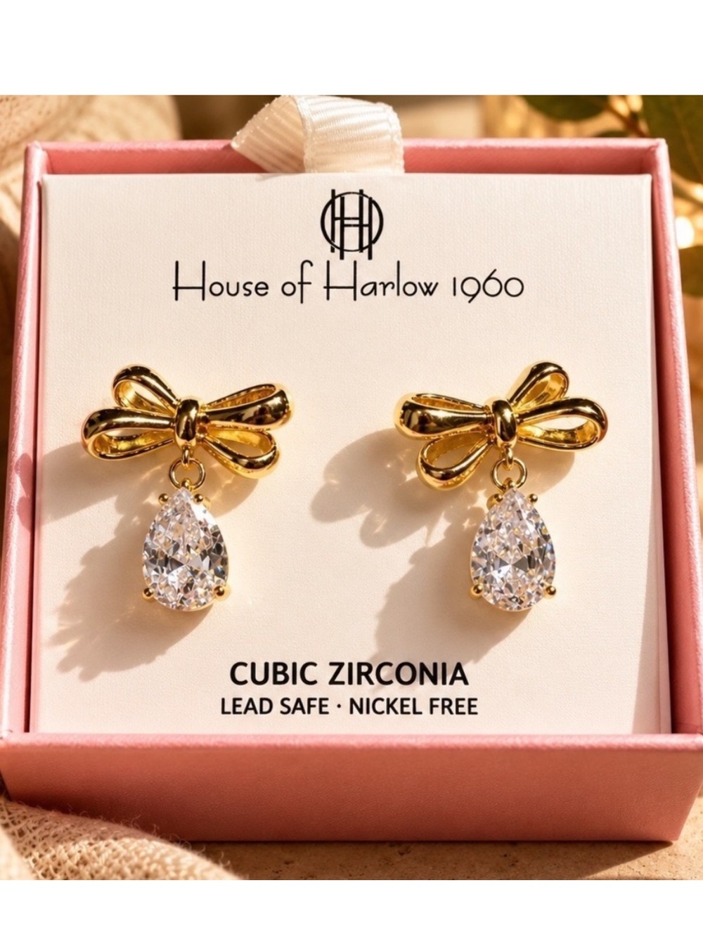 House of Harlow 1960 Chic Gold Bow Drop Earrings w/ White Cubic Zirconia Stone